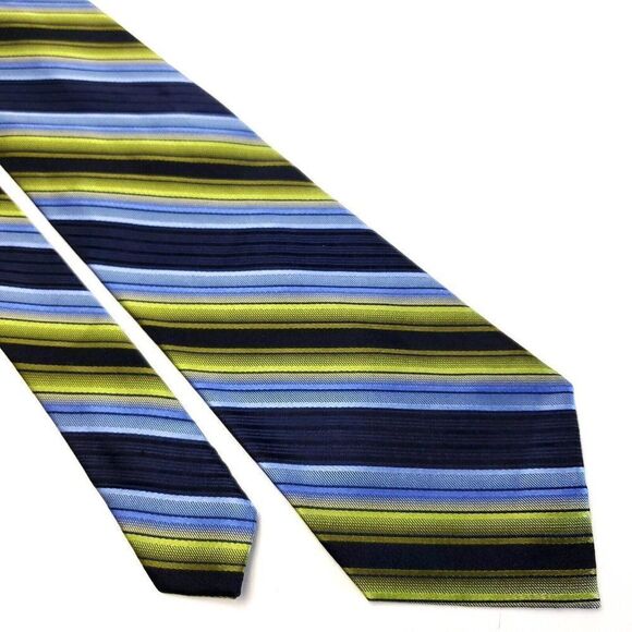 Martin Wong Blue Green Striped Woven‎ Wide Silk Tie - Picture 1 of 6